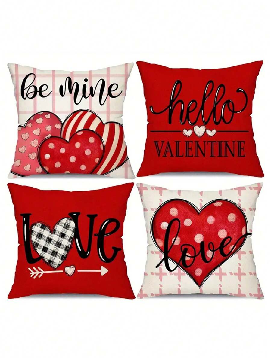 4Pcs Valentine'S Day Themed Cushion Covers, Creative Pattern Single-Sided Print, 100% Polyester Fiber, Zipper Closure, Machine Washable- Ideal For Home And Office Decoration, Valentine'S Day Decoration, Happy Valentine'S Day, Sofa Decoration - Pink - View 1