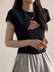 DAZY Camiseta casual de mujer de cuello redondo, manga corta, con estampado, camiseta gráfica de uso diario, top corto para mujer