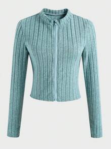 2pcs/Set Teen Girls' Casual Ribbed Knit Elastic Zip-Up Cropped Jacket And Skinny Flare Pants Outfit, Autumn - Blue - View 3