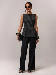 Forever 21 Women Casual Everyday Commute Sleeveless Ruffle Hem Striped Blouse, Spring