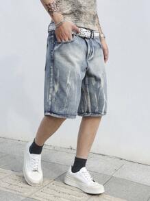 Manfinity Roghcode Quần short denim rách giặt thường ngày cho nam - Màu xanh lam - Xem 4