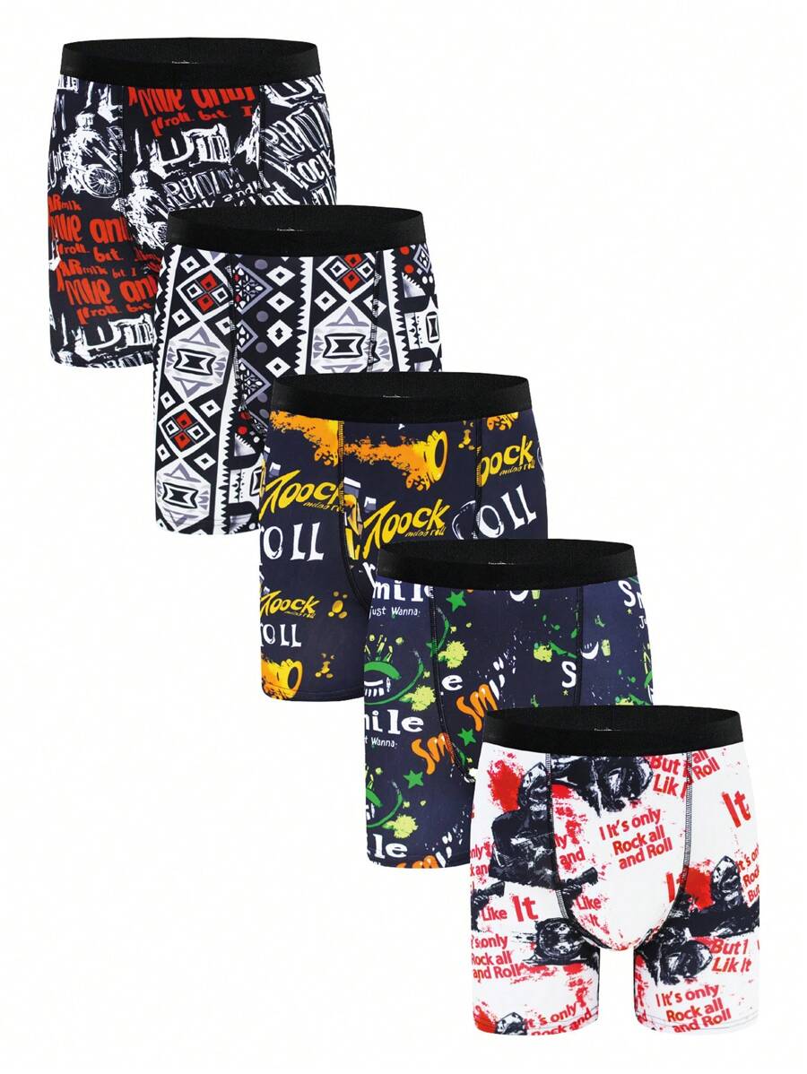 NotGurli 5pcs Men's Graffiti Printed Boxer Briefs