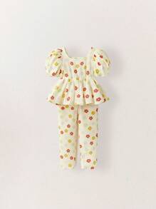 THE HAPPY LOOK Young Girls Colorful Flower Print Loose Casual Puff Sleeve Square Neck A-Line Shirt & Pants Sets, Casual Style