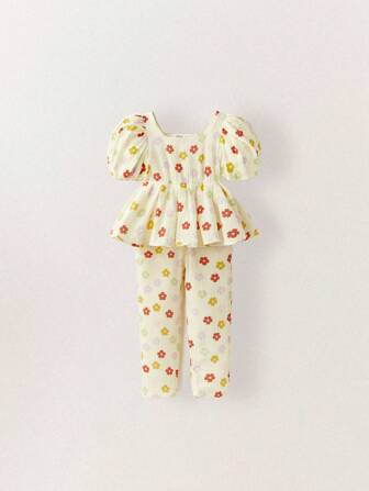 THE HAPPY LOOK Conjuntos de camisa de manga abullonada y pantalones de línea A de cuello cuadrado informal con estampado de flores coloridas para niñas, estilo casual