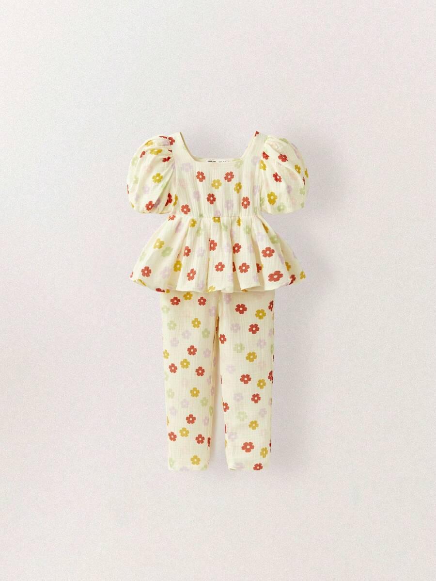 THE HAPPY LOOK Young Girls Colorful Flower Print Loose Casual Puff Sleeve Square Neck A-Line Shirt & Pants Sets, Casual Style