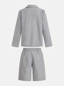 SHEIN Leap Crew 2pcs/Set Tween Boy Casual Blazer Jacket & Shorts Set, Suitable For School, Commute, Formal Occasions, Parties, Spring, Summer, Autumn, Winter - Grey - View 4