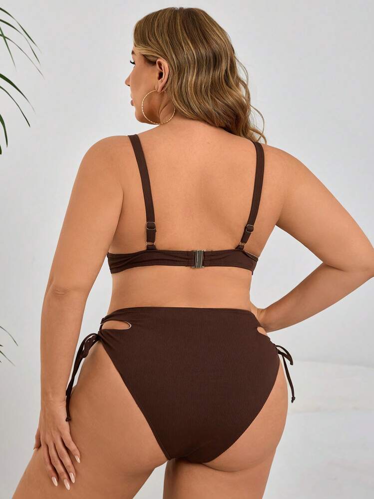 Conjunto de bikini de baño casual de verano para vacaciones en la playa, con textura hueca, para mujer de talla grande - Marrón - Añade 2