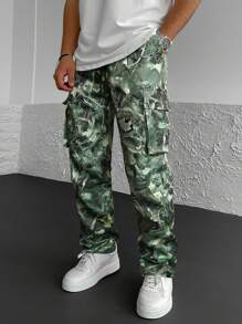 Manfinity Hypemode Men Camo Print Flap Pocket Side Drawstring Waist Cargo Pants - Green - View 1
