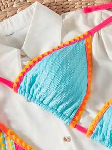 Swim SXY Conjunto de ropa de playa para primavera y verano de mujer: top halter con recortes en color multiple y volantes, y Bottom de bikini con tiras de sujeción lateral y tirantes finos - Conjunto sexy de 2 piezas de traje de baño estilo festival bohemio