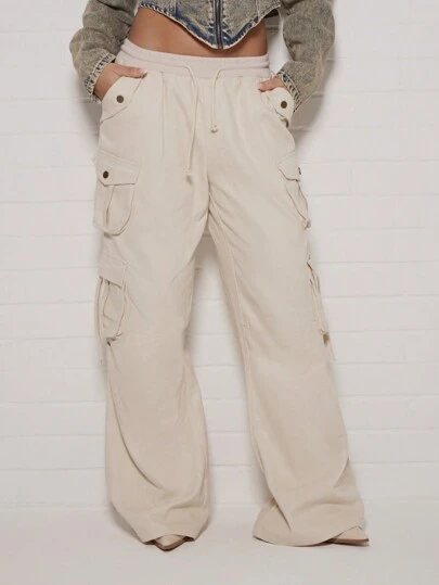 SUMWON WOMEN Relaxed Fit Cargo Trousers With Multiple Pockets, High Waist Wide Leg Combat Pants, Streetwear Festival Y2K Style Utility Bottoms For Spring Summer Fall