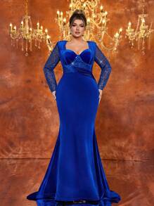 Glamrae Plus Size Elegant Blue Exaggerated Shoulder Pad Pearl Embellishment Long Sleeve High Waist Pleated Fishtail Hem Formal Evening Dress, Ball Gown Suitable For Wedding Guests, Graduation Ceremony, Dinner Party
