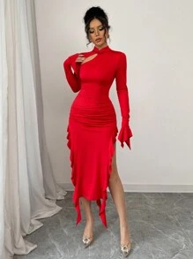 Chiquease 女士高腰开衩飘逸性感红色连衣裙 - 紅色 - 查看 3