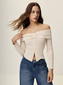 Poéselle Solid Color Off Shoulder Fitted T-Shirt, Simple & Fashionable For Casual Daily Wear