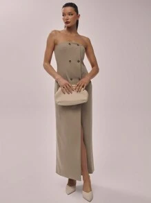 MUSERA Vestido midi elegante de estilo de traje de bandeau tejido para y verano, vacaciones y fiestas de "Old Money" - Gris - Ver 4