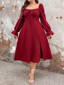 SHEIN Unity Sweet Square Neck Puff Sleeve Waist Flared Hemline Split Dress Fall Cloth For Women - Multicolor - View 4