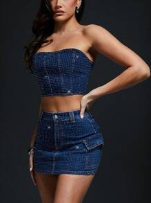 Denimoi 秋季女装，女士黑色夏季时尚性感优雅水钻装饰修身短款上衣，搭配露肩牛仔设计，适合约会之夜、音乐会、表演、音乐节、派对、俱乐部、节日 - 藍色 - 查看 6