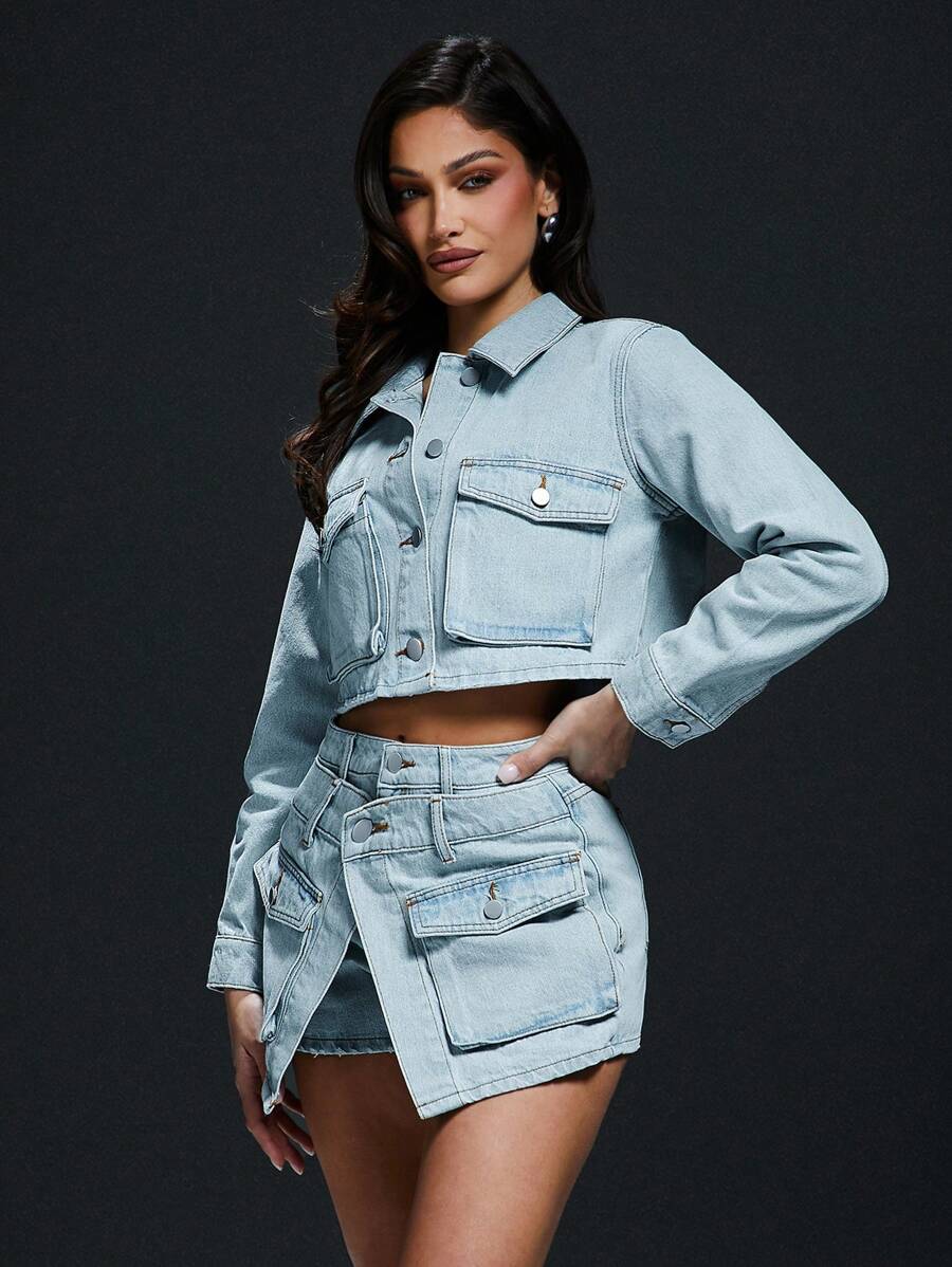 Denimoi Casual Washed Cropped Denim Jacket, Spring - Light Wash - View 1