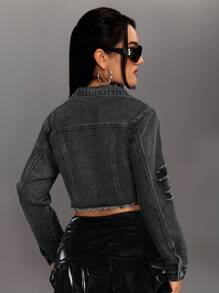 SHEIN ICON Women's Front Button Long Sleeve Pocket Simple Cropped Denim Jacket - Black - View 2