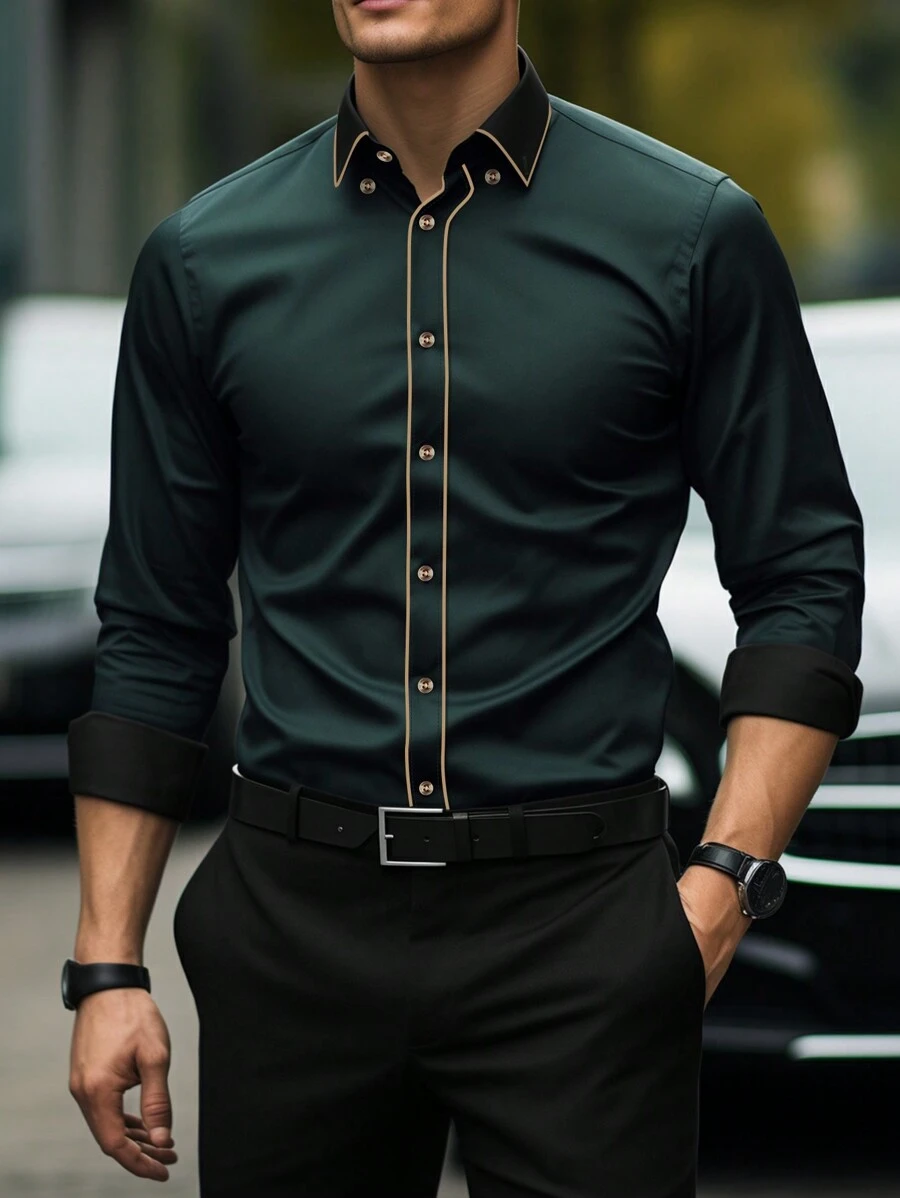 Manfinity Mode Men's Contrast Color Stitching Stand Collar Long Sleeve Shirt,Dark Green,Autumn,Business Casual,Elegant,Evening Party,Formal Designer Shirts For Men - Green - View 1