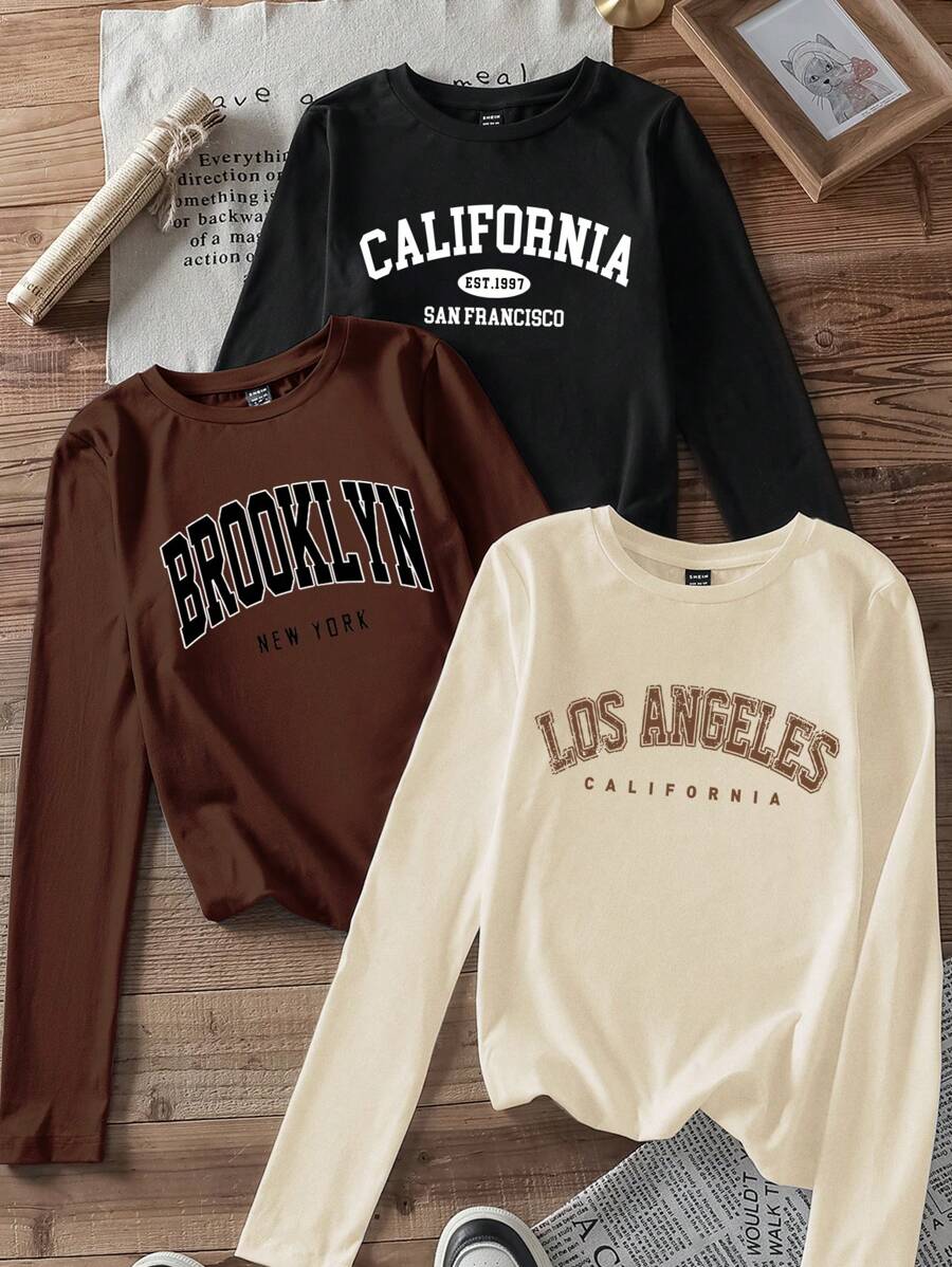 SHEIN EZwear 3pcs/Set Women English Graphic Crew Neck Tight Fit Long Sleeve T-Shirt Set, Casual Spring & Autumn Back To School - Multicolor - View 1