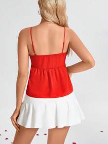 SHEIN LUNE Áo hai dây viền nơ đỏ cho nữ, ngày lễ tình nhân - Đỏ - Xem 2