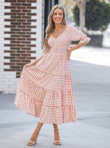 SHEIN LUNE Brown Plaid Print Ruffle Hem Mid-Length Dress For Women,Vacation Outfits Woman - Multicolor - View 2