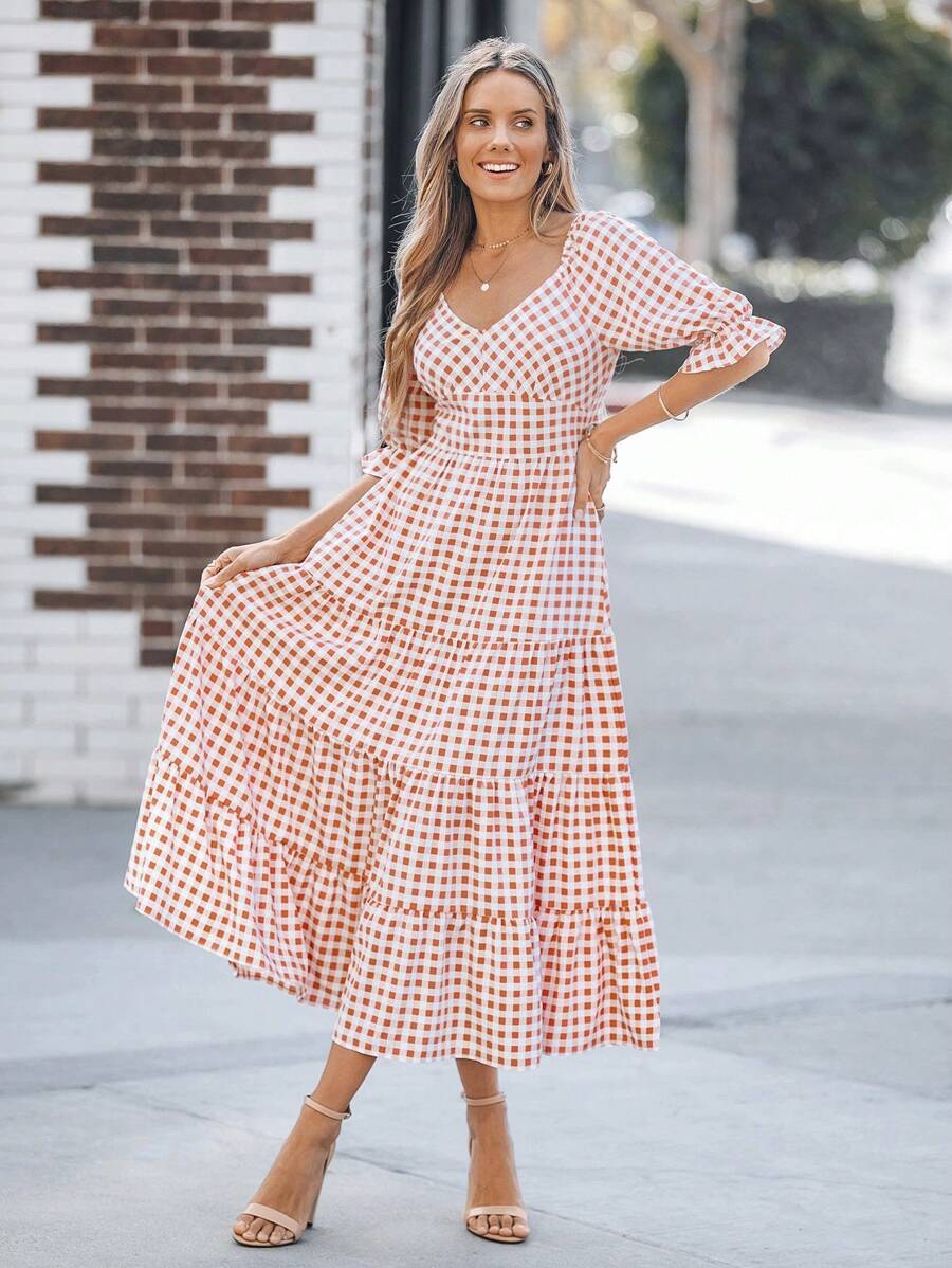 SHEIN LUNE Brown Plaid Print Ruffle Hem Mid-Length Dress For Women,Vacation Outfits Woman