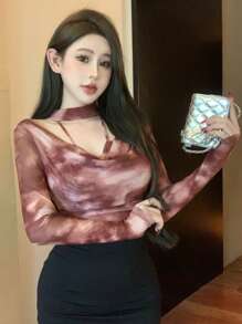 DAZY Tie-Dye All Over Print Halter Neck Self-Tie Cuff Long Sleeve Women Top,Fall Women Clothes - Red Violet - View 9