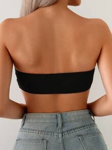 Swim Mod 夏季女式黑色针织罗纹面料性感 V 领花卉边比基尼上衣，适合海滩和度假