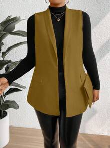 SHEIN Unity Plus Size Solid Color Shawl Neck Sleeveless Pocket Minimalist Casual Blazer - Yellow - View 5