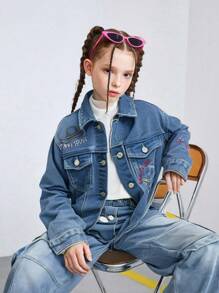 Tween Girl Y2K Style Washed Bold Rhinestone Embroidered Casual Denim Top, Versatile For Everyday Wear In Autumn/Winter - Medium Wash - View 4