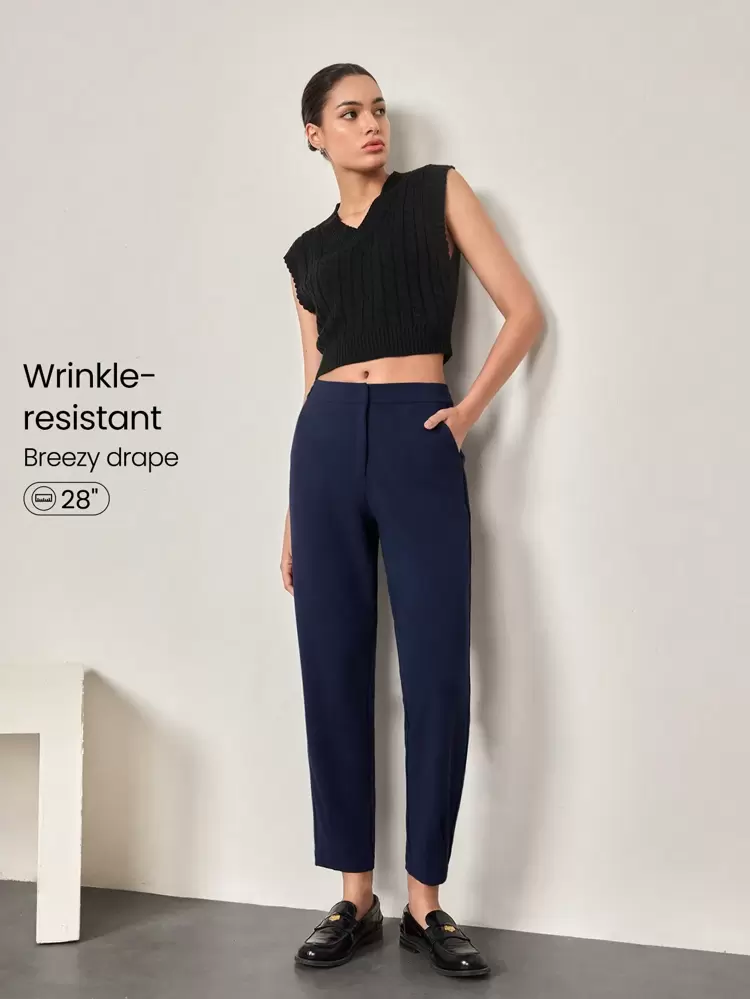 Calça de Trabalho com Cintura Média Elástica, Resistente a Rugas, de Fácil Vestir, Cintura Ajustada, com Bolsos Laterais, Uso Diário Casual de Escritório