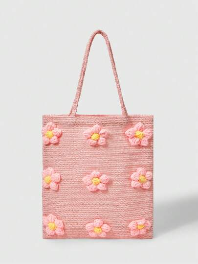 Kawaii Cute Flower Woven Tote Bag, Pink, Perfect For Valentine's Day