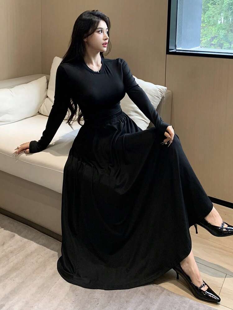2pcs Casual Solid Color T-Shirt And Skirt Suit Set For Women,Fall Women Clothes