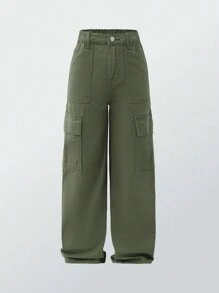 Tween Boy Casual Straight Leg Washed Military Green Jeans - Army Green - View 1