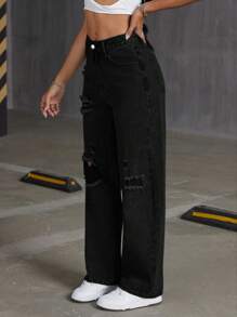 SHEIN PETITE Women's Casual Washed Distressed Straight Leg Jeans - Black - View 4