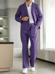 Manfinity Mode Men's Casual Solid Color Double-Breasted Jacket & Pants Suit Set Casual Suits For Men - Purple - View 3