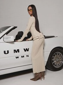 SUMWON WOMEN Midaxi 网眼紧身长袖连衣裙，带腰带细节，Y2K 风格晚会俱乐部服装，修身优雅弹力褶饰 - 杏色 - 查看 3