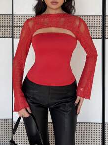 Gloray Women Crew Neck Solid Color Knit Tight Fit Lace Trim Mock Neck Flared Sleeves Blouse Fall Cloth For Women - Red - View 6