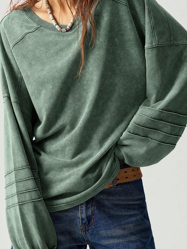 Bohemela Sudadera holgada de mujer de unicolor con cuello en V, hombros caídos y manga larga para vacaciones casuales en otoño/invierno - Verde - Añade 6