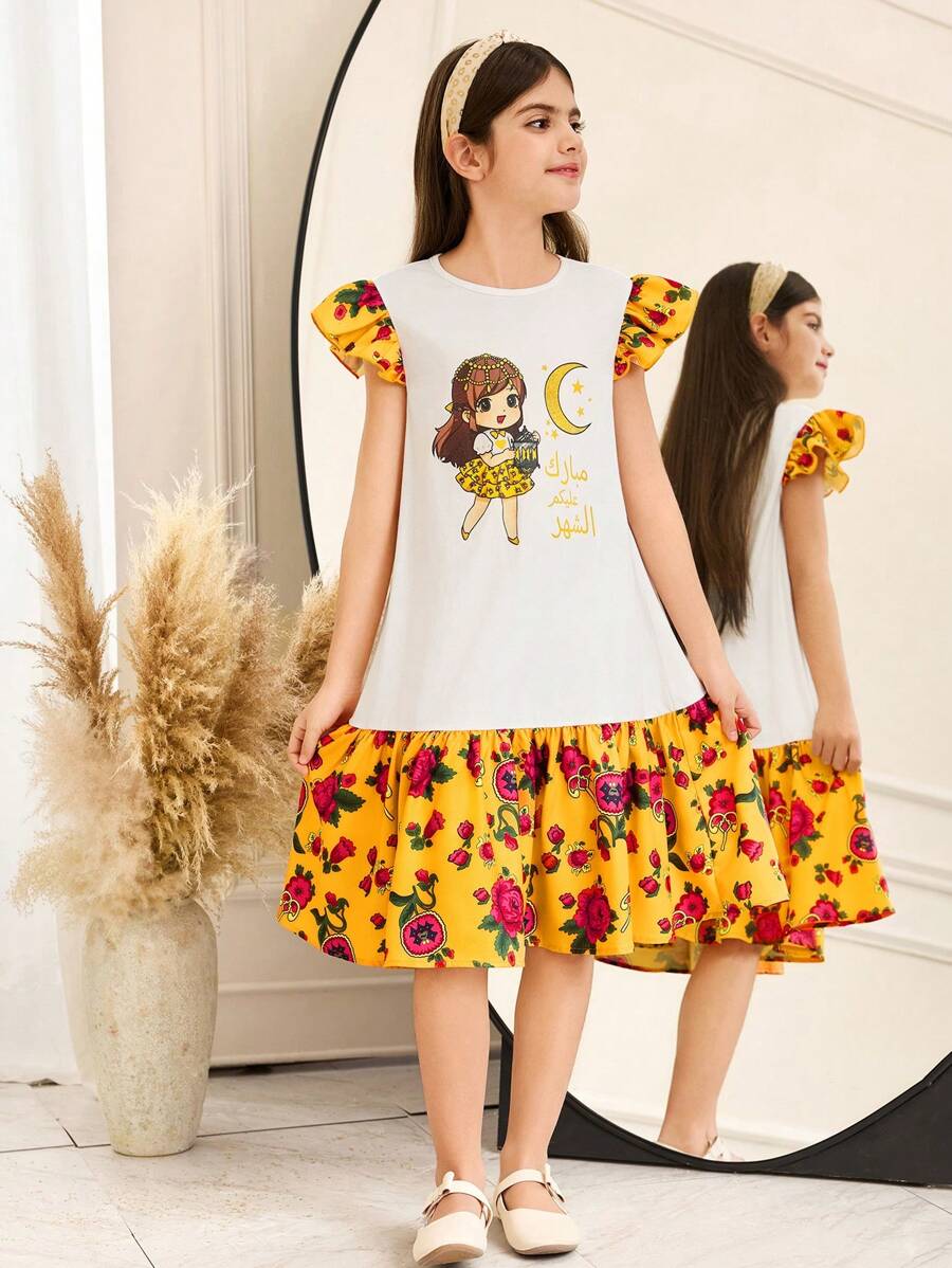 SHEIN Tween 女童休闲宽松拼接撞色荷叶边卡通印花连衣裙 - 白色 - 查看 1