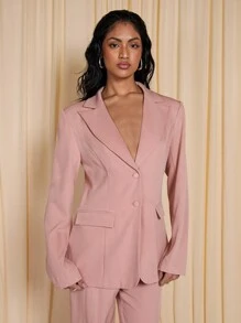 COSMINA Valentine's Day Padded Shoulder Pink Blazer Long Sleeve Jacket - Pink - View 4