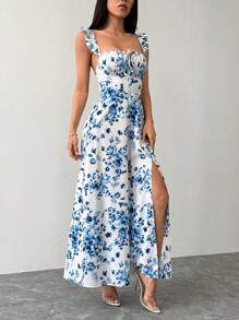 PETITE Vestido largo de mujer con aberturas altas laterales, tirantes con volantes, con fondo blanco y flores azules para vacaciones - Azul - Ver 6