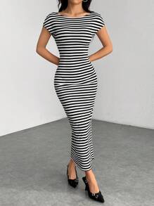 SHEIN PETITE Women's Striped Fitted Long Backless Casual Dress