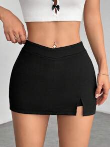 SHEIN PETITE 休闲纯色低腰开衩迷你裙 - 黑色 - 查看 7