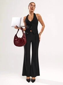 SHEIN BAE Women's Solid Color Flare Leg Pants With Lace Hem, Casual Everyday Wear