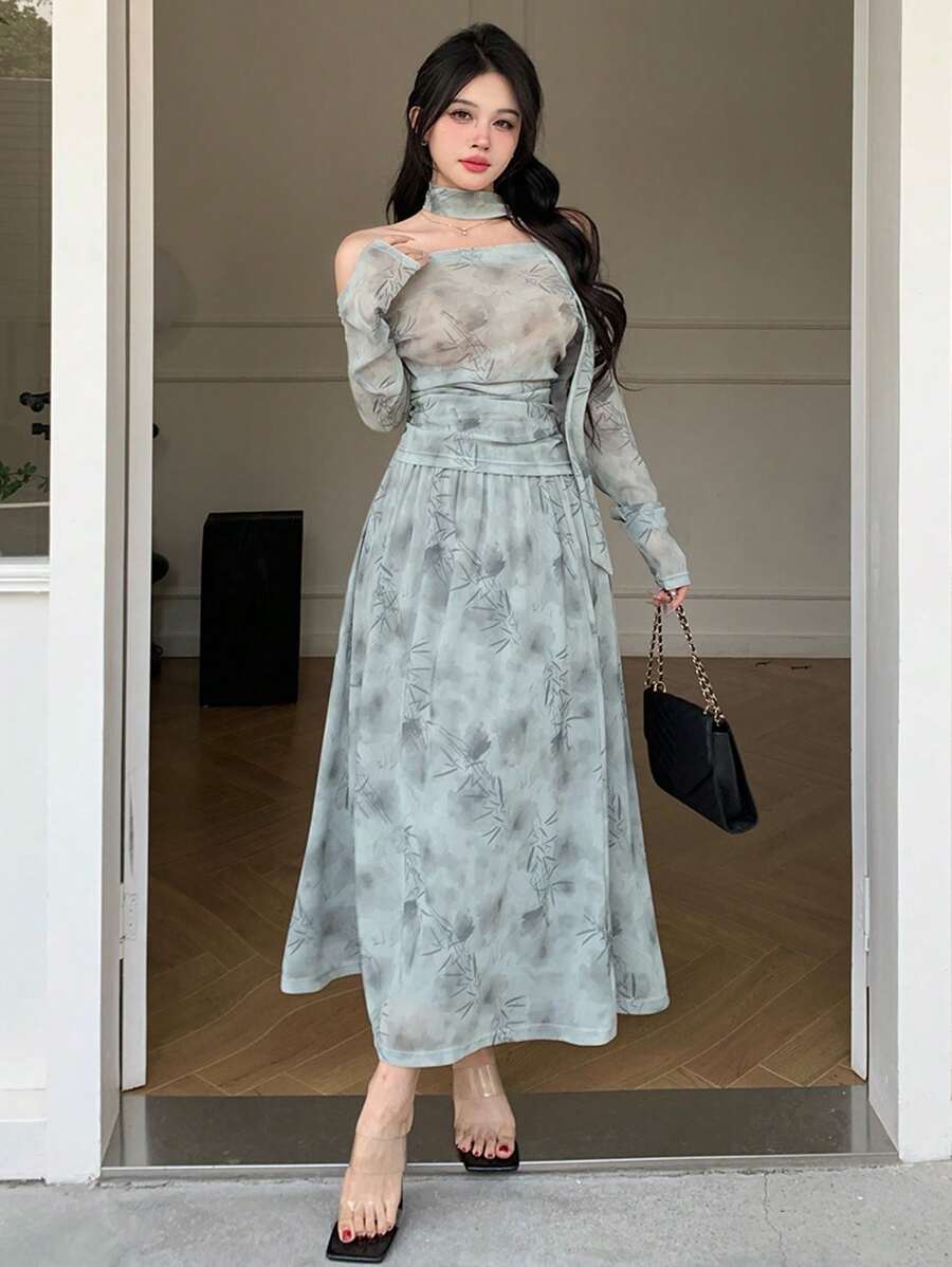 DAZY 两件套女士全印花褶皱系领衬衫和A字裙，秋季女装复活节 - 杏色 - 查看 1