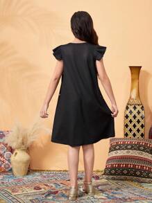 Tween Girl Casual Doll & Sky Theme Print Lantern Dress - Black - View 2