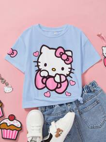 HELLO KITTY AND FRIENDS | SHEIN T-shirt court décontracté et polyvalent avec imprimé nœud papillon et chat pour jeune fille, en bleu - Bleu azur - Voir 3