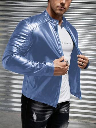 Manfinity Roughcore Chaqueta de cuero sintético con cremallera de ajuste holgado para hombre, para otoño e invierno